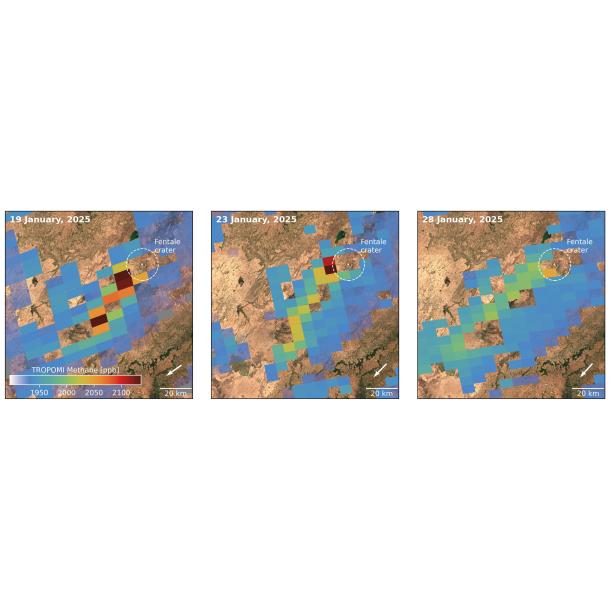 Methaanpluimen zoals gemeten met TROPOMI bij de Fentale-vulkaan in januari 2025. Op alle dagen bewegen de pluimen met de wind mee richting het zuidwesten. Achtergrond: visuele satellietbeelden van Sentinel-2 van 22 januari 2025. Credits: SRON